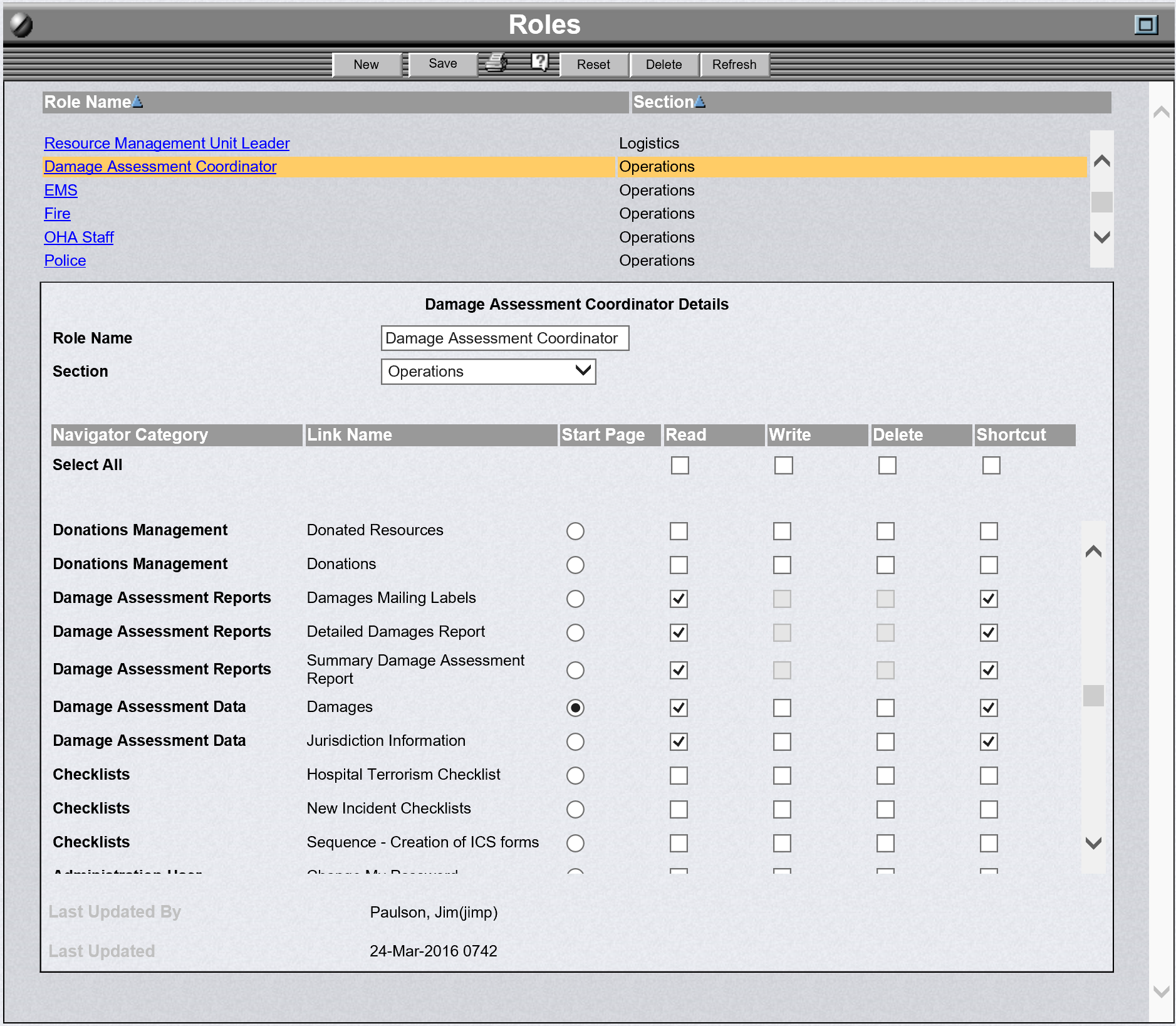 OpsCenter Roles Administration Screen