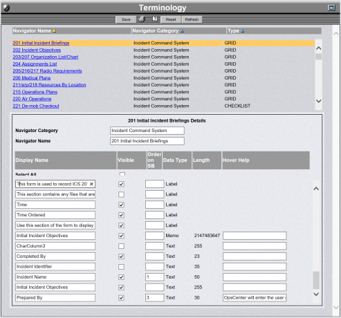 OpsCenter Terminology Screen